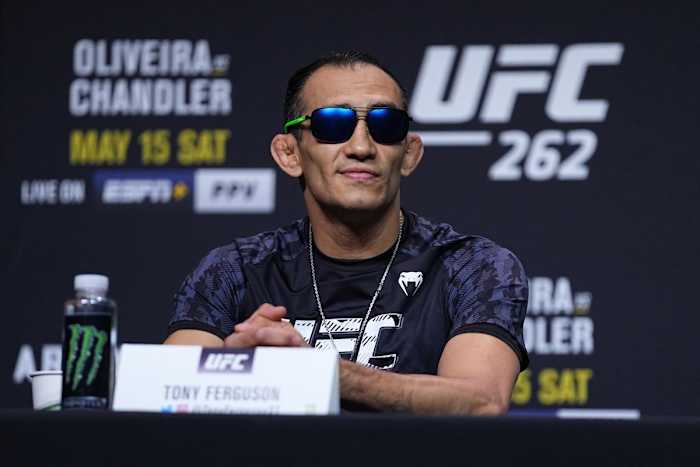 Tony Ferguson smiles in the crowd during a UFC 262 press conference.